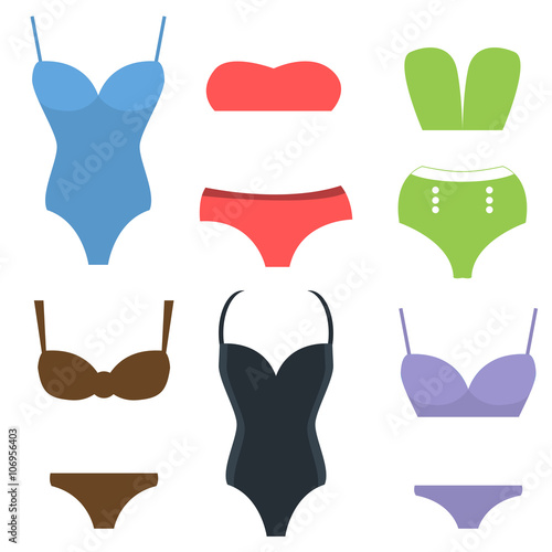 Swim suits fashion travel different flat vector summer icons.