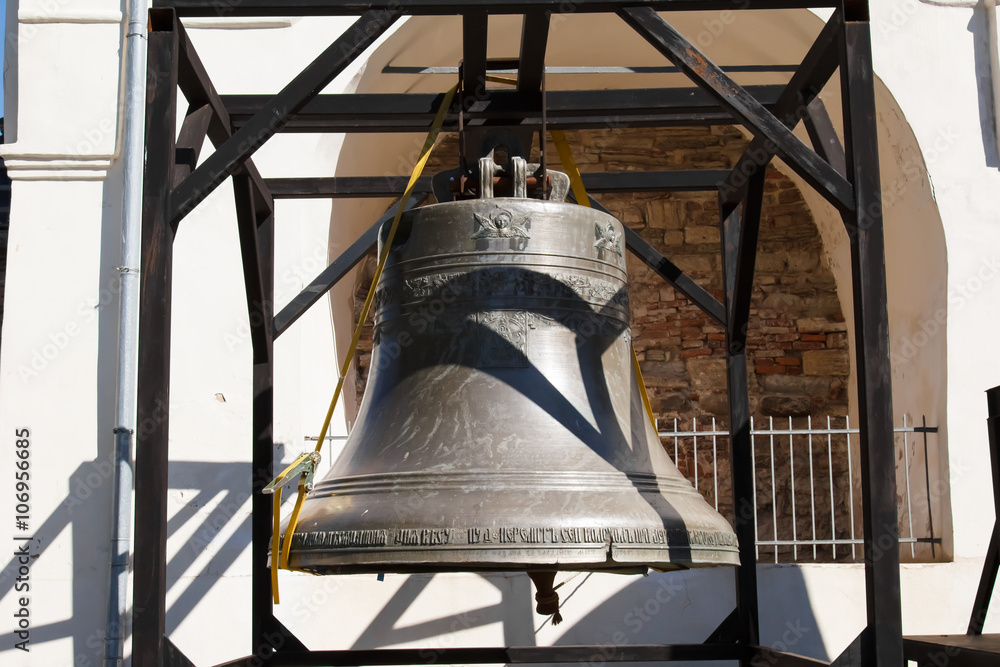 Ancient bells of Veliky Novgorod at the Sofia belfry in the Kremlin of Novgorod. Antique large Church bell. The bells of the Christian Orthodox Church of Russia.