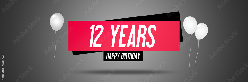 Happy Birthday Card Sign - Balloons - Banner - Anniversary - 12 Years Greetings - Illustration Happy Birthday Card Sign - Balloons - Banner - Anniversary - 12 Years Greetings - Illustration