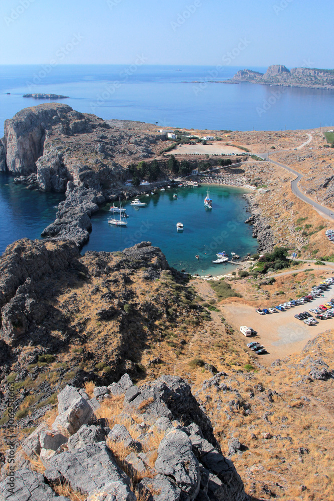 St Paul's Bay and heart shaped lake near Acropolis of Lindos, Rhodes, Greece
