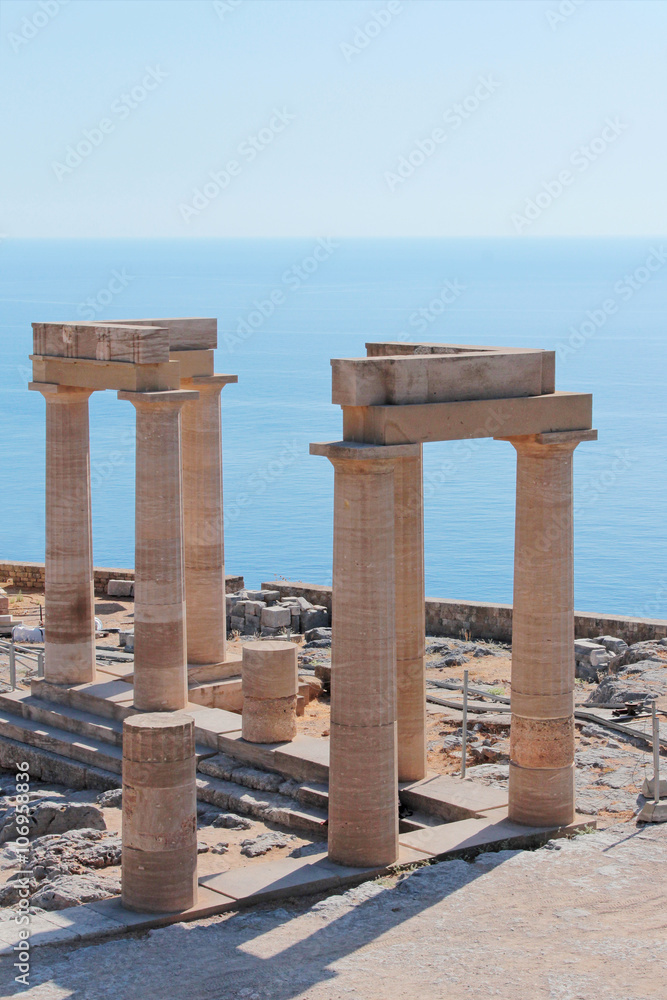 Columns of the Hellenistic stoa - Lindos town, Rhodes, Greece