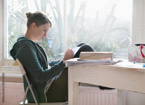 Sixteen year old girl studying and writing notes next to window photo