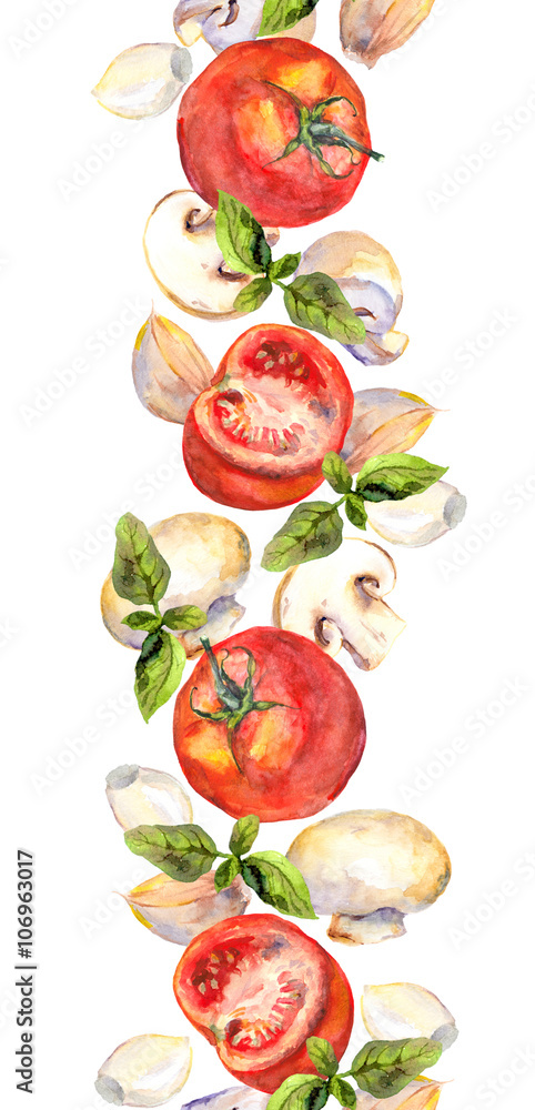 Naklejka premium Patterned background with vegetarian vegetables: tomatoes, mushrooms, garlic and basil 