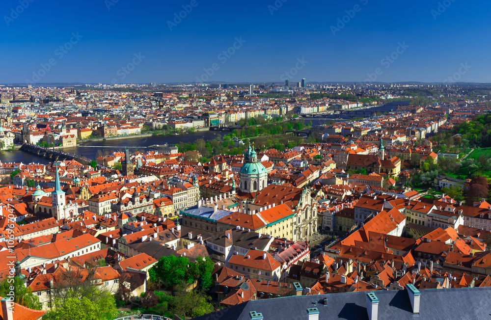 Aerial view Mala Strana (Lesser Town of Prague) and Old Town in
