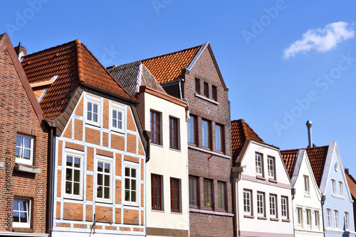Line of houses in the old town of Buxtehude, Germany. Hamburg, North Germany. Historical city with old houses. Old facades. © eivaisla