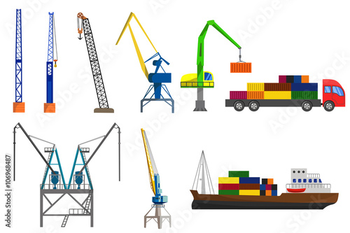 Lifting loading harbor cranes, truck and container ship set. Flat raster illustration