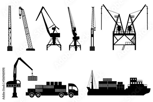 Silhouettes of loading lifting harbor cranes, truck and container ship. Vector icons set