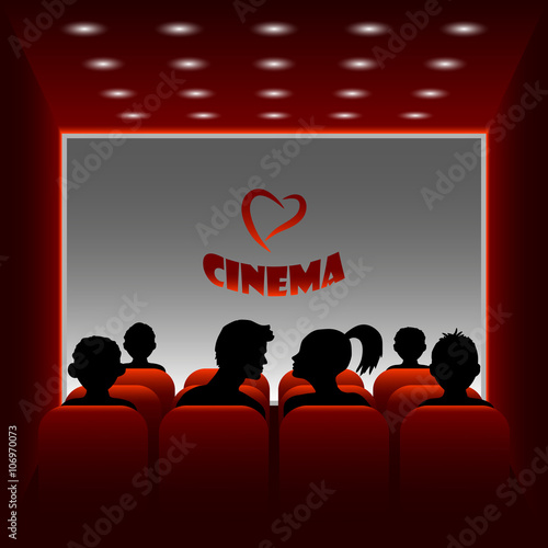 Cartoon vector cinema hall, illustration of a boy and girl watching a movie about love.