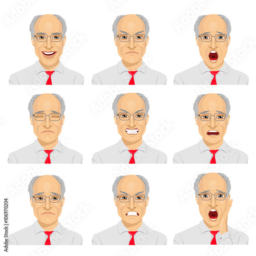 set of different expressions of the same senior businessman with glasses photo