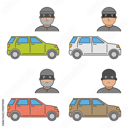 Vector set icons car theft. Modern isolated symbol auto theft. Line design concept car insurance and car insurance theft auto.