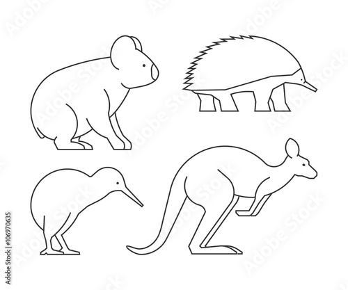 Vector line set of australian animals. Linear icon koalas, kangaroos, echidnas and kiwi.