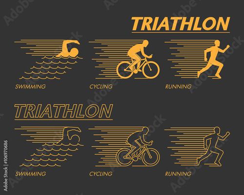 Modern line triathlon symbol. Gold vector figures triathletes. Outline triathlon icons. Vector line silhouette triathletes. Swimming, cycling and running icons. photo