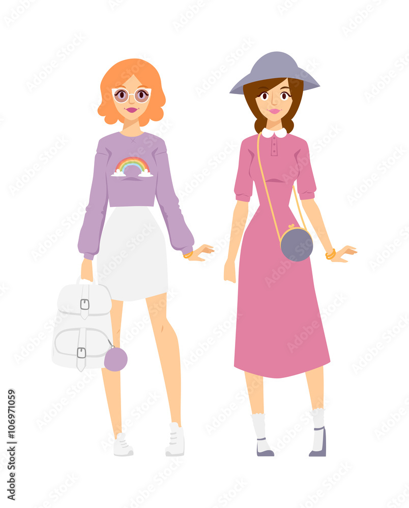 Two woman in sunglasses showing girl having fun style casual outfit concept lifestyle urban fashion trendy looks vector. 