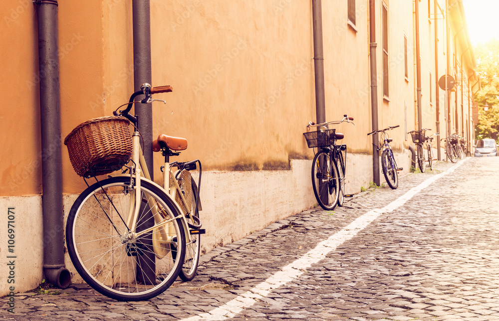 Bicycles parked on the street in Rome, Italy Bicycles parked on the street in Rome, Italy