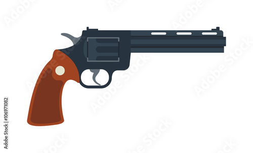 Old American colt revolver wild west handgun danger crime ammunition or metal protection flat vector.
