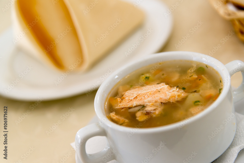 Fish soup on table at restaurant Fish soup on table at restaurant