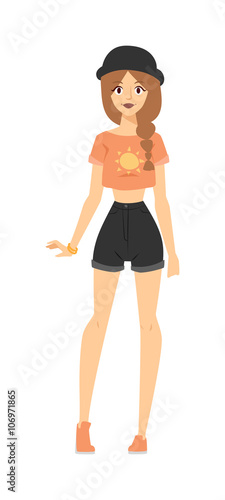 Fashion portrait of model posing outdoor in short shorts, t-shirt and hat stylish summer clothing outfit vector.