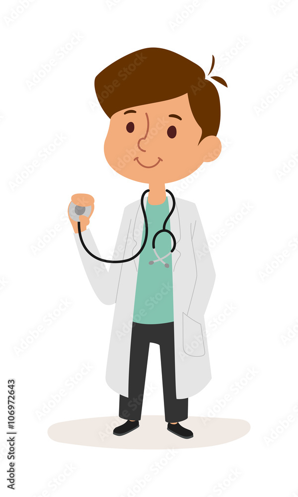 Fototapeta premium Full length portrait of cute smiling boy playing doctor cartoon character vector. 