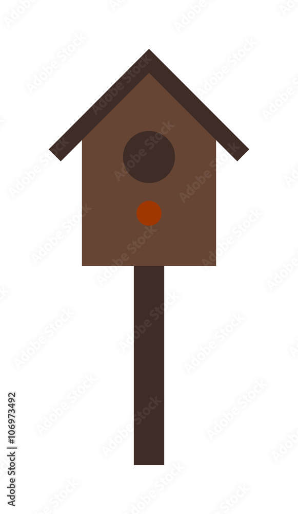 Wooden birdhouse hanging on tree nesting box flat vector.