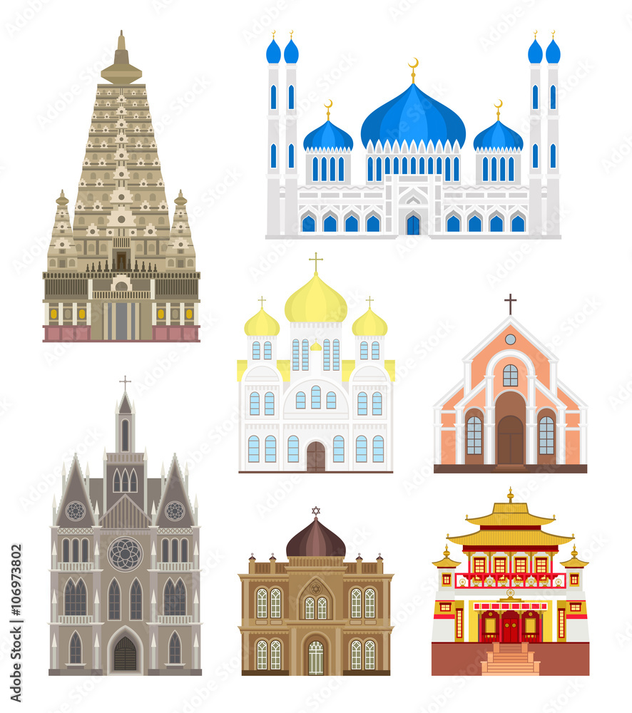 Set cities in middle famous buildings travel architecture landmark vector. 