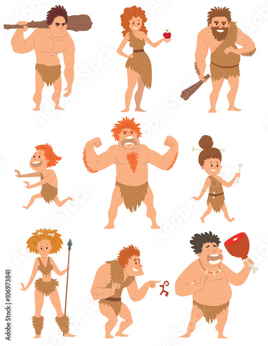 Caveman primitive people cartoon action neanderthal evolution vector. 