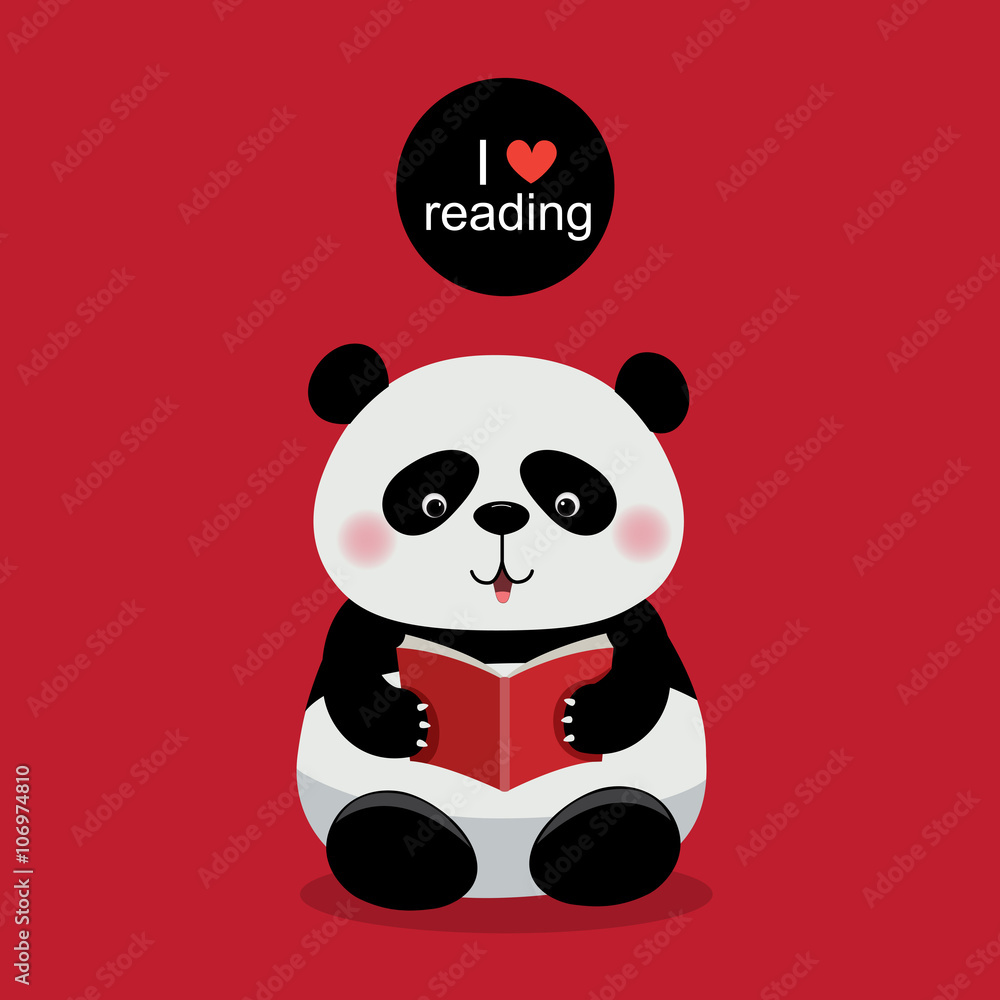 Fototapeta premium Cute panda reading a book on red background