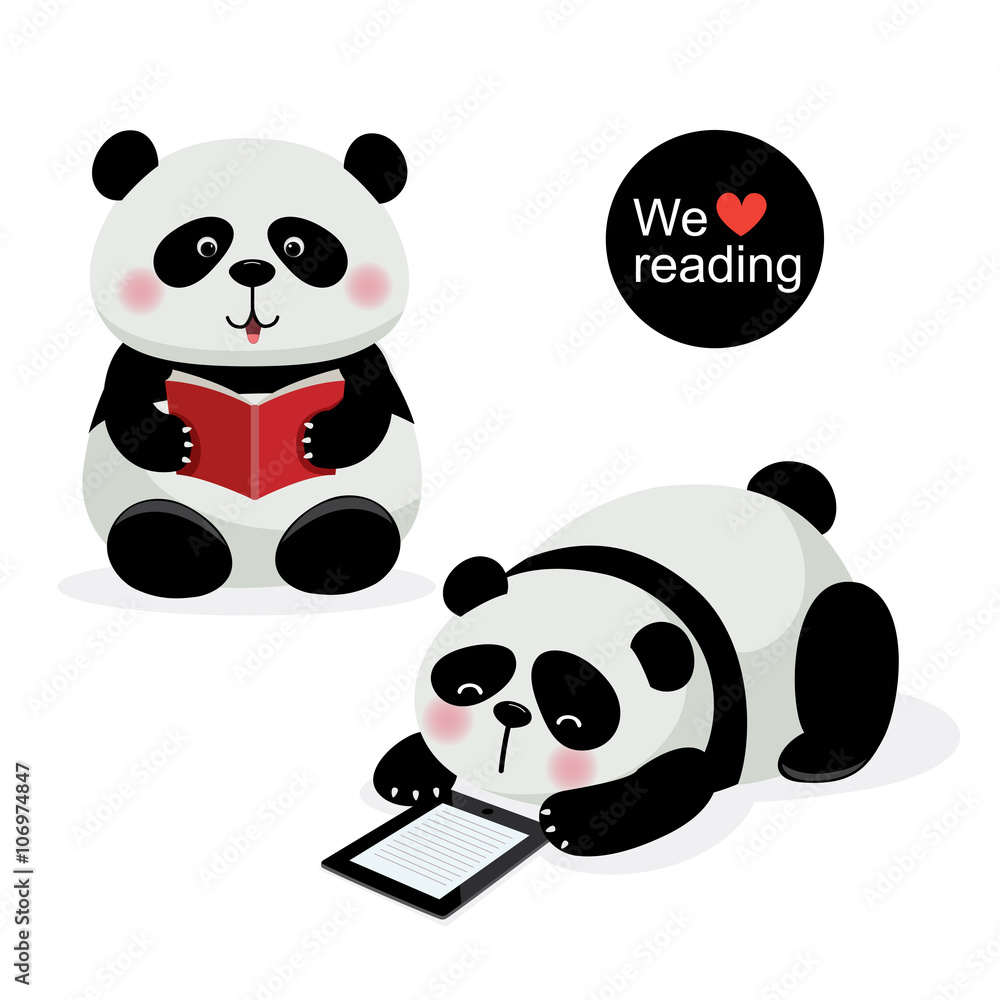 Obraz premium Two cute pandas with reading concept
