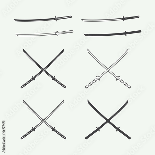 Set of vintage katana swords in retro style. Vector illustration