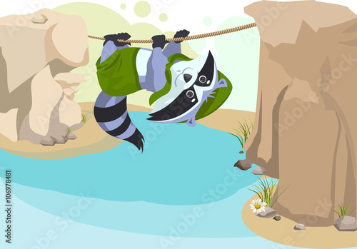 Scout raccoon Mountaineer rope. Scout crossing river on rope