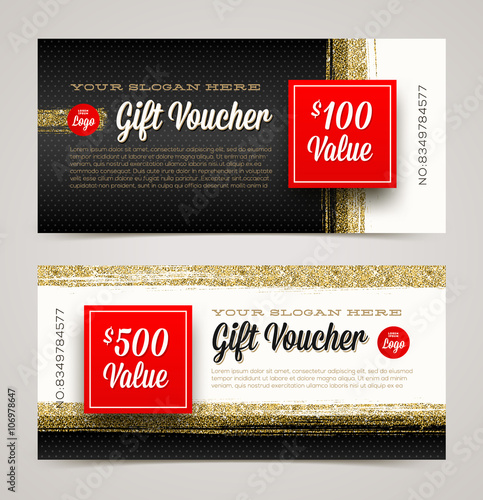 Gift voucher template with glitter gold, Vector illustration, Design for  invitation, certificate, gift coupon, ticket, voucher, diploma etc.