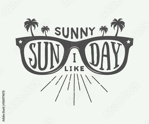 Vintage summer sunglasses in retro style with palms and quote.