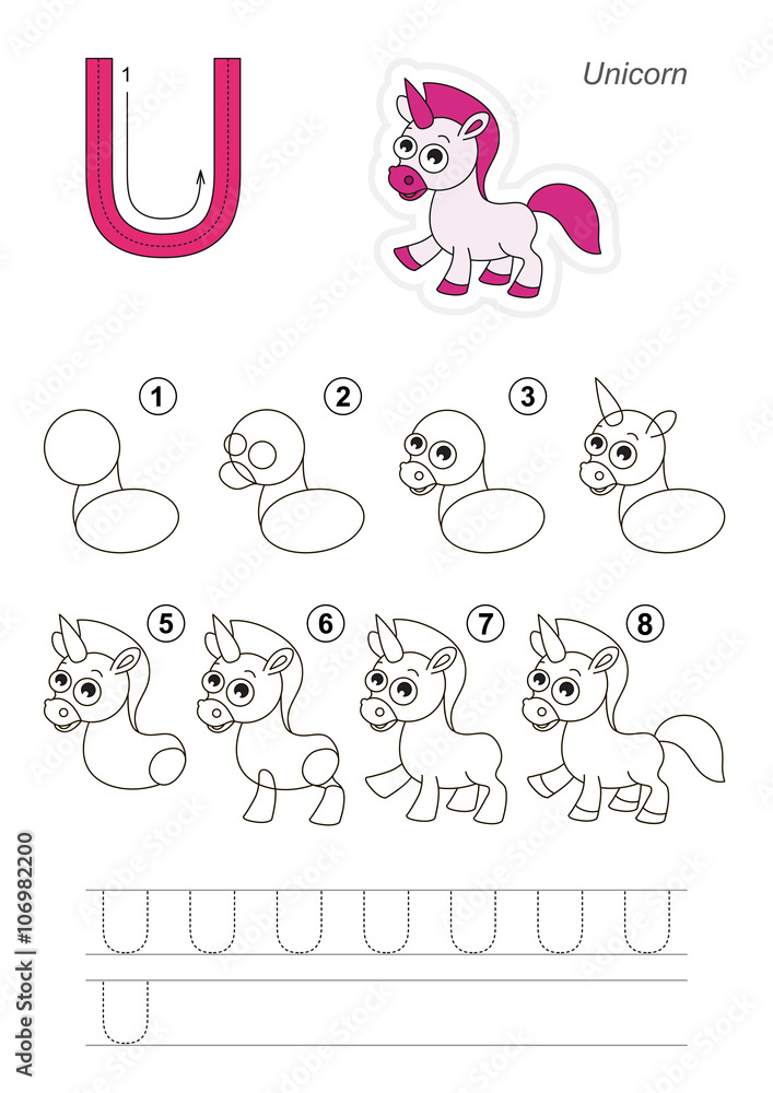 Drawing tutorial. Game for letter U