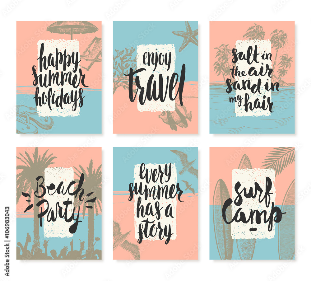 Set of tropical vacation and summer holidays hand drawn posters or greeting card with handwritten calligraphy quotes, phrase and words. Vector illustration.