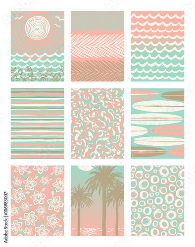 Vector set of summer holidays and tropical vacation hand drawn posters or greeting card.