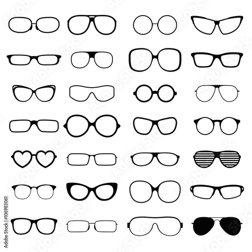 Collection various styles of fashion glasses solid black silhouette vector. 
