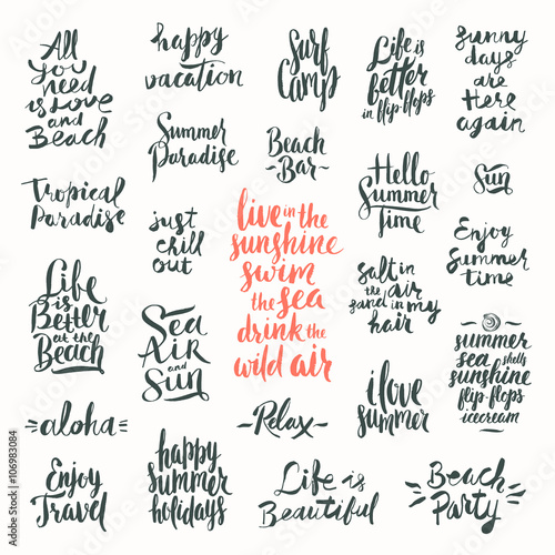 Vector set of Hand drawn calligraphy. Summer holidays and vacation quotes, phrases and words.