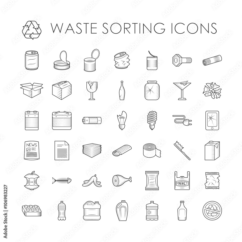 Set of garbage separation recycling related waste sorting outline icons vector. Set of garbage separation recycling related waste sorting outline icons vector.