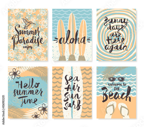 Vector set os summer holidays and tropical vacation hand drawn posters or greeting card with handwritten calligraphy quotes, phrase and words.