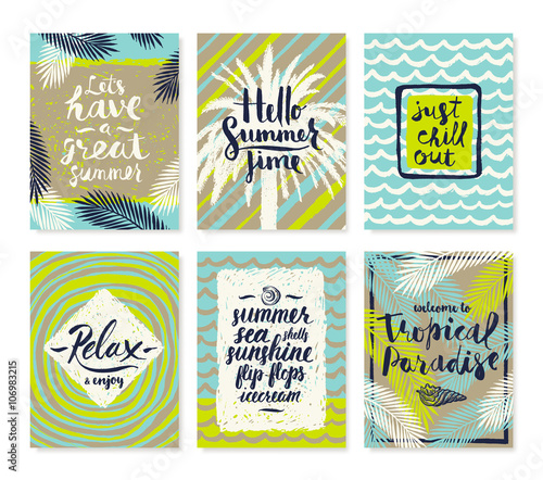 Set of summer holidays and tropical vacation hand drawn posters or greeting card with handwritten calligraphy quotes, phrase and words. Vector illustration.