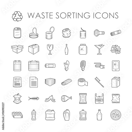 Set of garbage separation recycling related waste sorting outline icons vector. 
