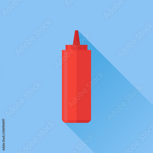 Red bottle with tomato ketchup flat icon with long shadow