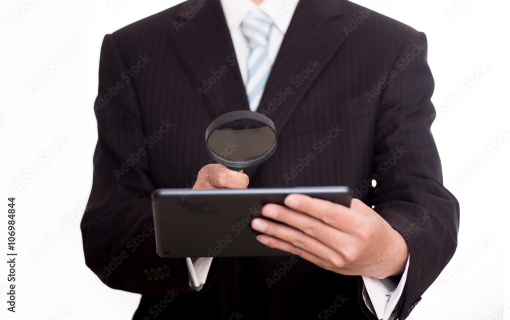 Auditor holding magnifying glass and tablet. Over blue background Auditor holding magnifying glass and tablet. Over blue background