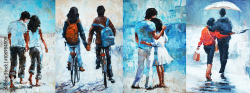 man and woman go under an umbrella    oil painting. a pair of lovers 4 in 1 collage