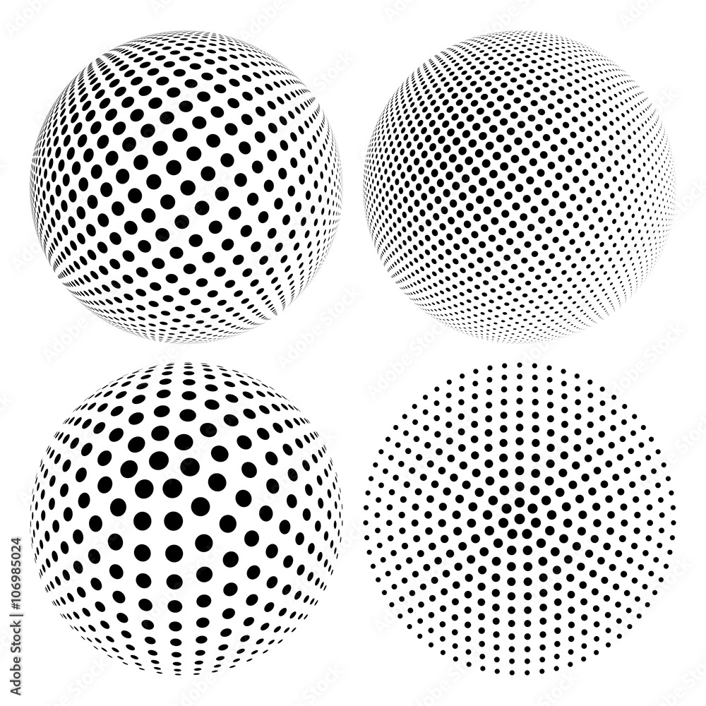 Set of Abstract Halftone 3D Sphere with Circle Dots. Futuristic Design Element in Techno Style. Vector illustration.
