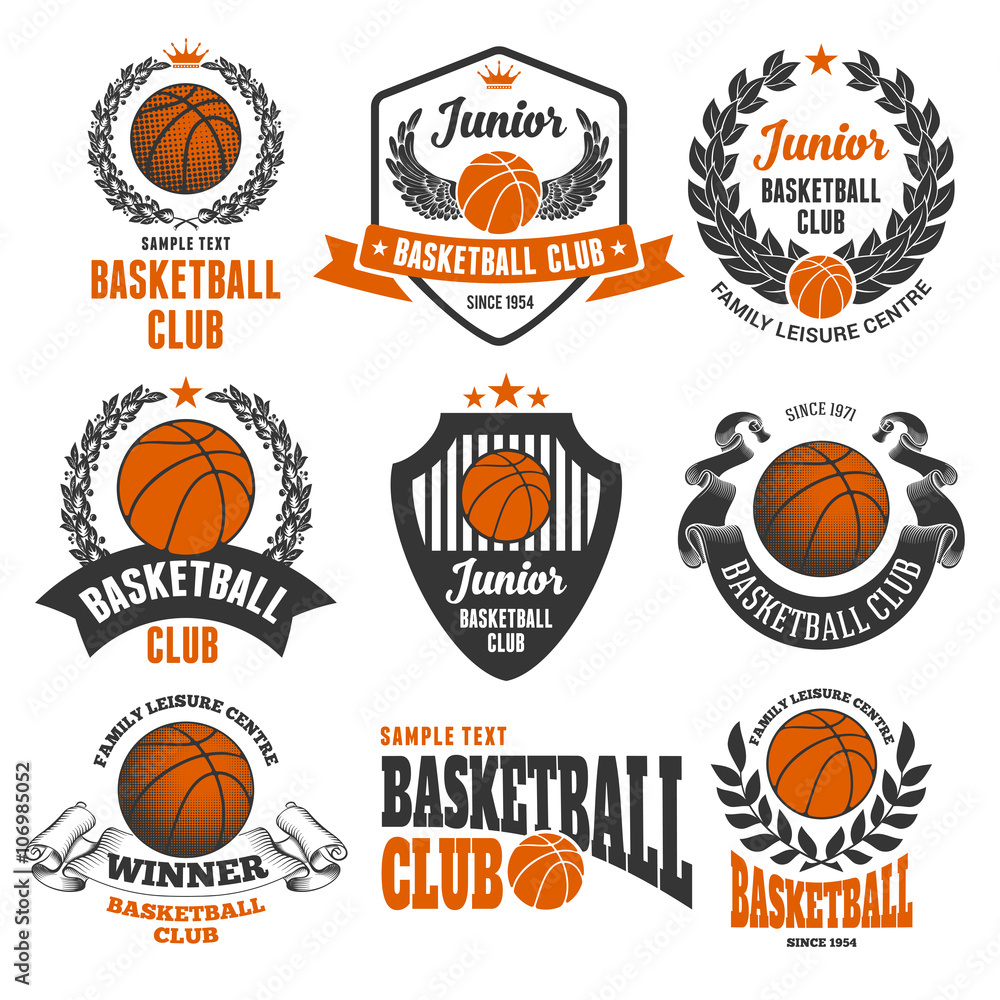 Fototapeta premium Set of Emblems, Logos and Labels on Basketball Theme and for Basketball Club. Colored Vector Illustration. Isolated on White Background.