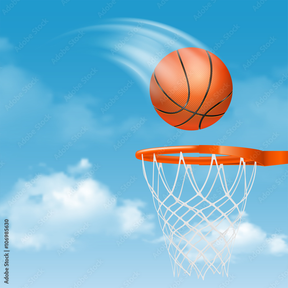 Orange Basketball Ball with Pimples Flying to Basket on Cloudy Sky Background. Realistic Vector Illustration. 
