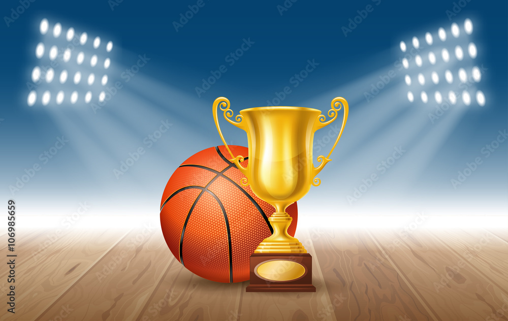 Realistic Golden Trophy Cup and Basketball Ball on Basketball Court