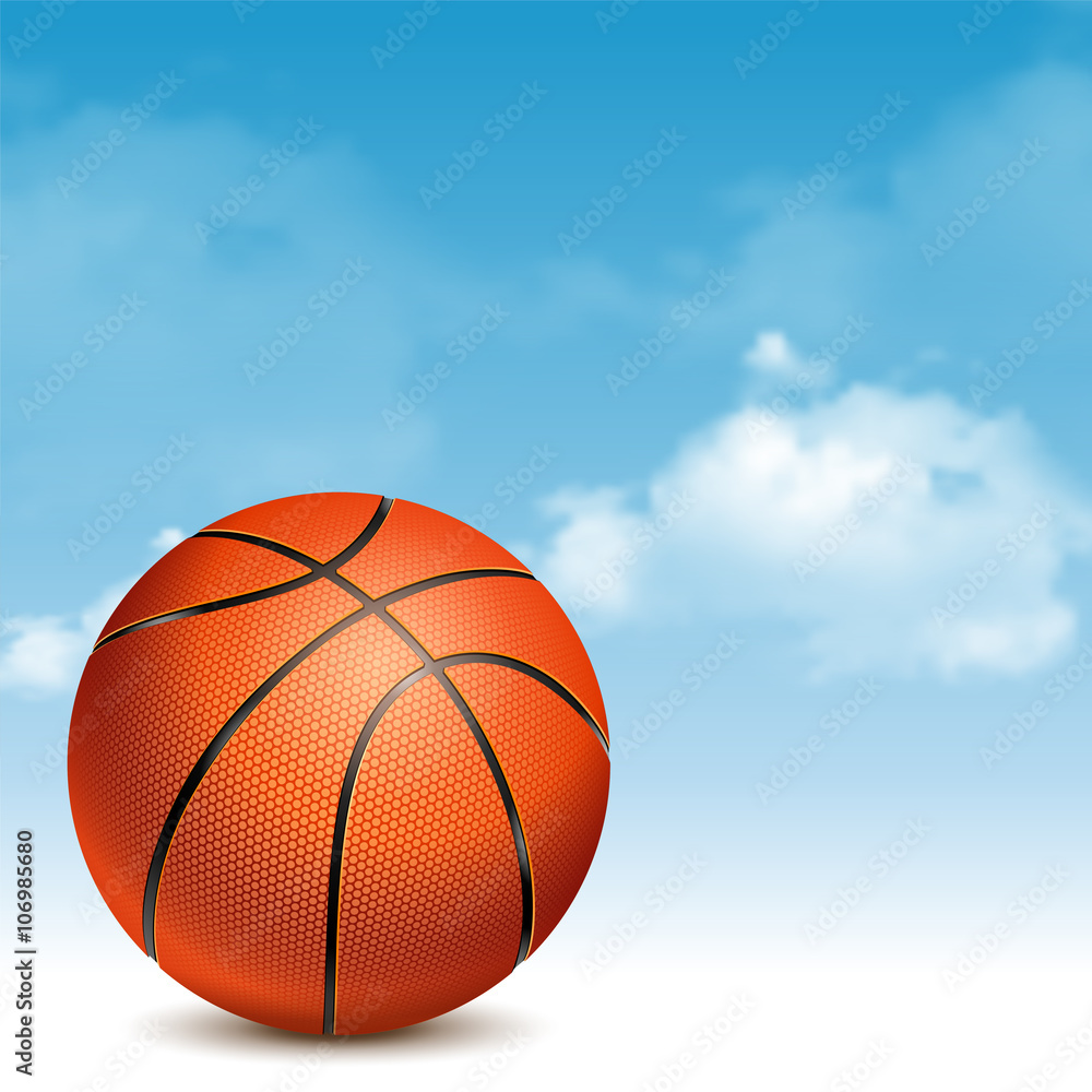 Orange Basketball Ball with Pimples and Shadow on Cloudy Sky Background. Realistic Vector Illustration. 