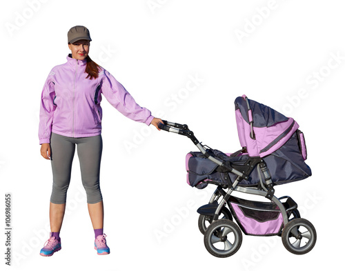 A Young mother athlete with a baby buggy lilac