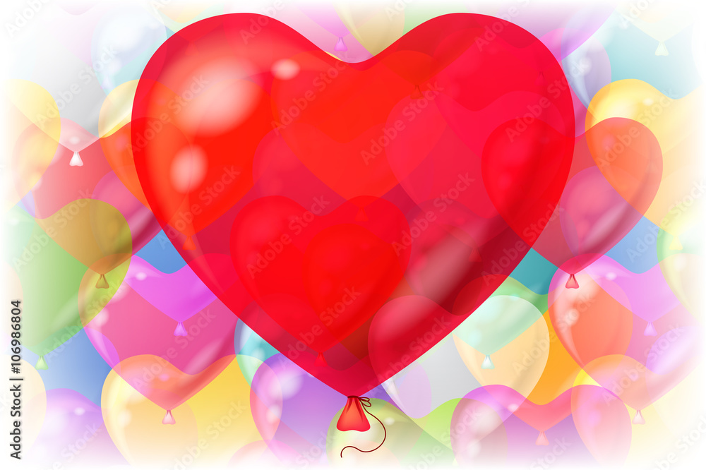 Holiday Valentine Background with Big Red Heart Shaped Balloon and Bright Colorful Balloons Behind